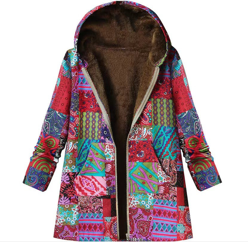 Nina – Bright Patch Hooded Fleece Coat