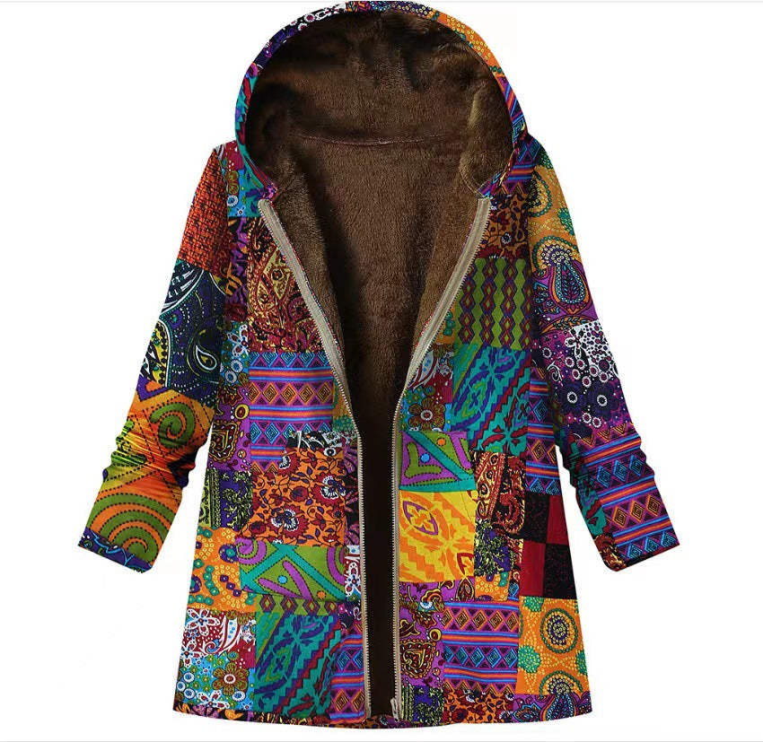 Nina – Bright Patch Hooded Fleece Coat