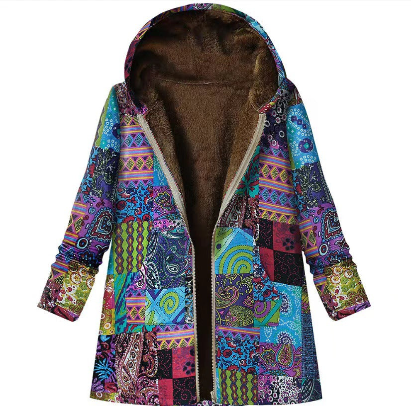 Nina – Bright Patch Hooded Fleece Coat
