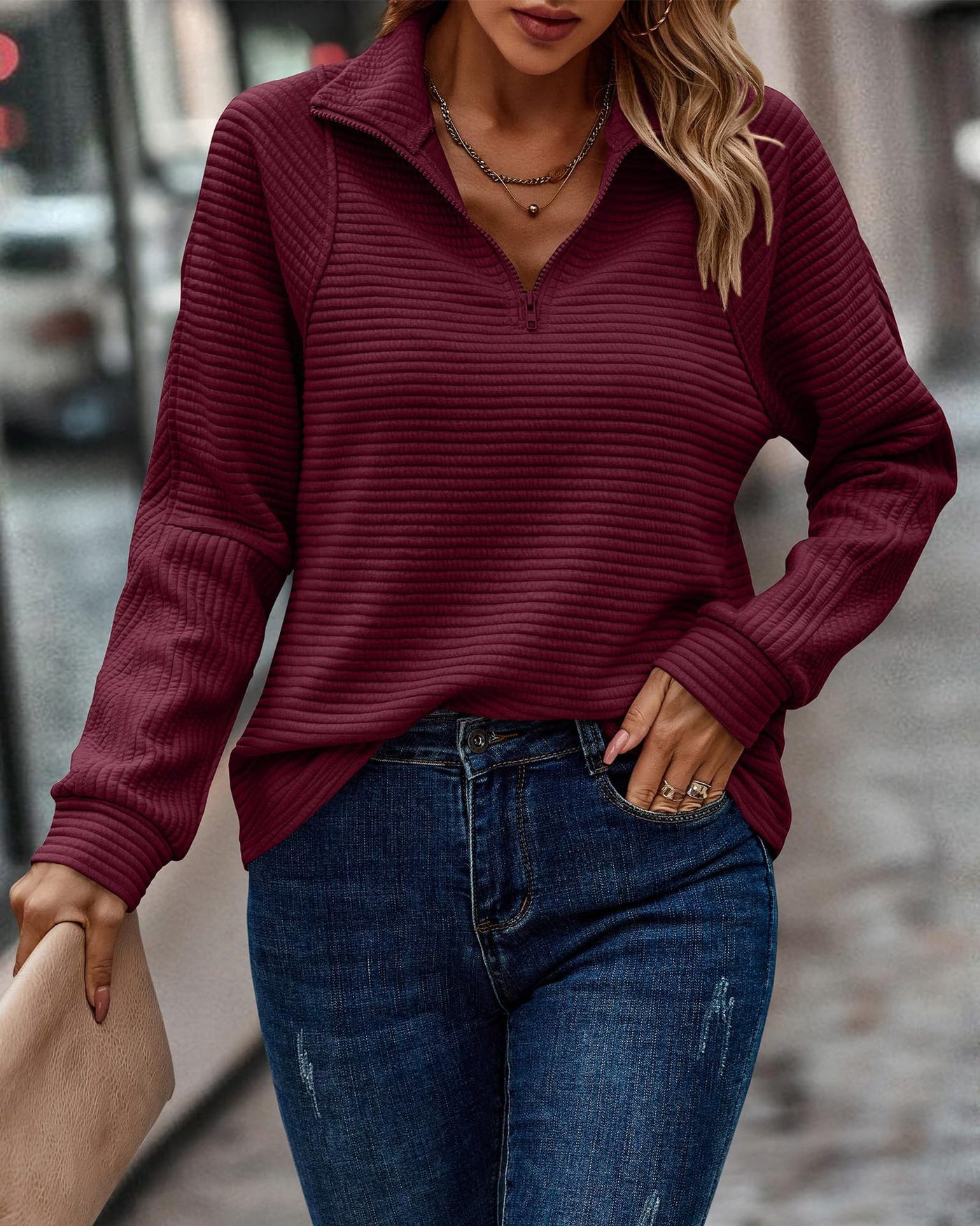 Therese - Textured Zip Collar Pullover