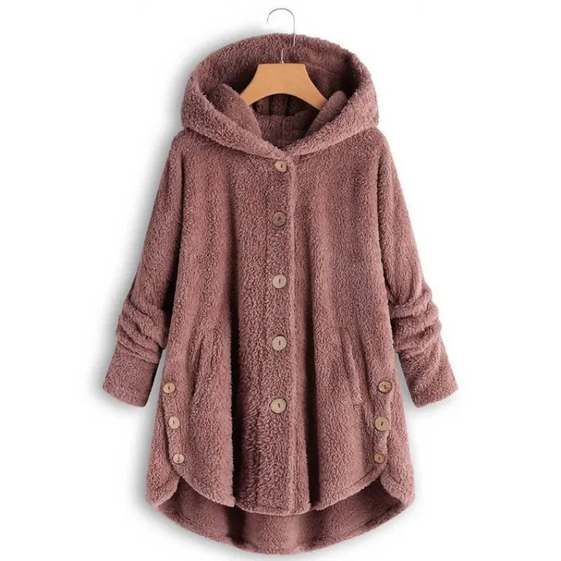 Elara – Plush Button-Up Hooded Coat