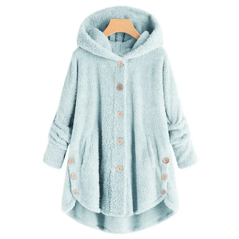 Elara – Plush Button-Up Hooded Coat