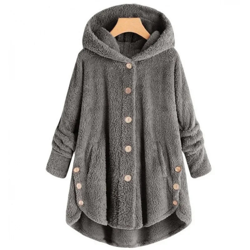 Elara – Plush Button-Up Hooded Coat