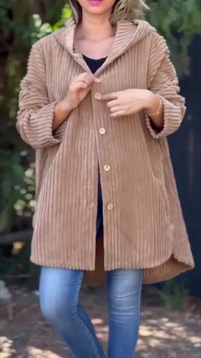 Lorna - Hooded Textured Cord Coat